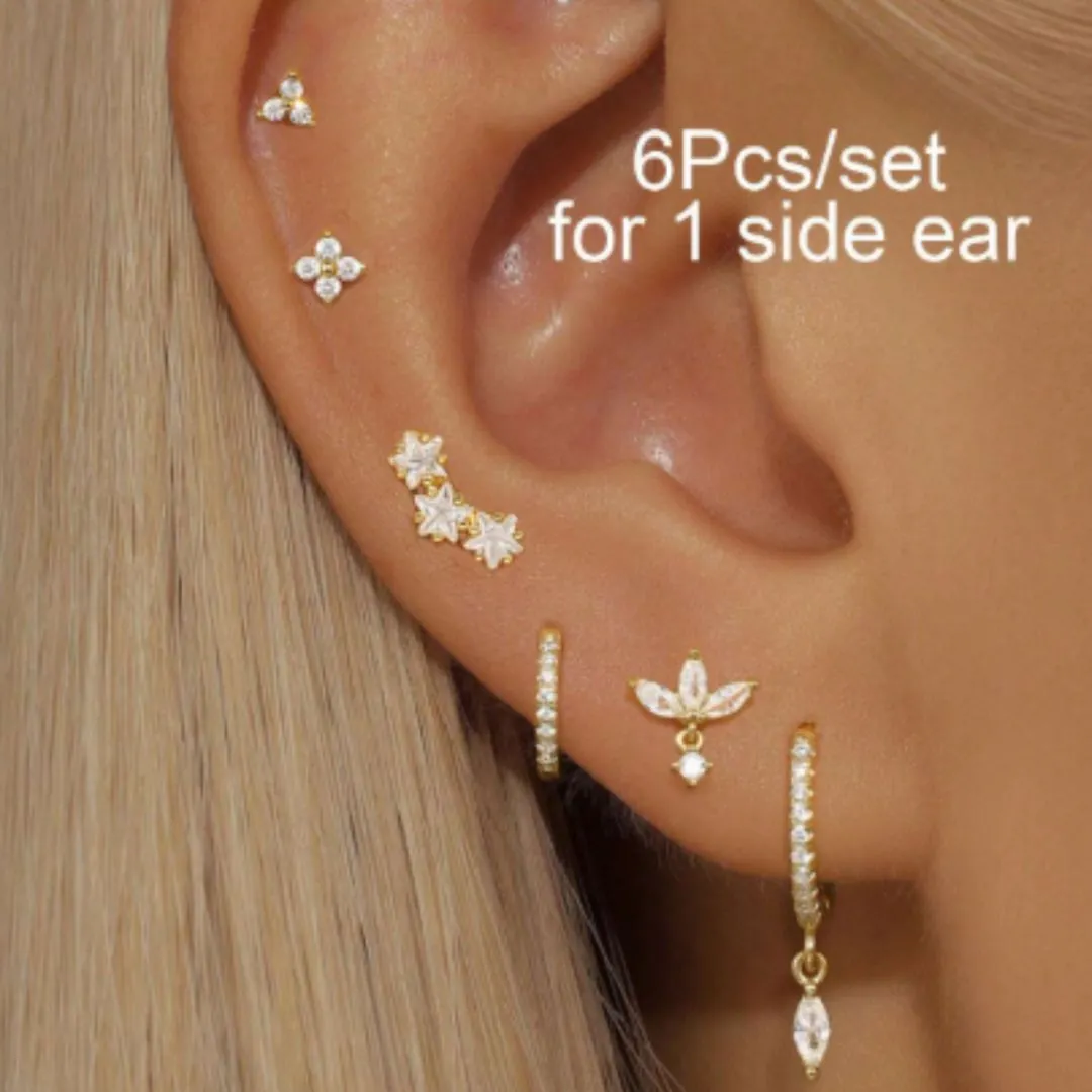 طقم أقراط أذن أحادية الجانب مرصعة بالزيركون - 6 قطع